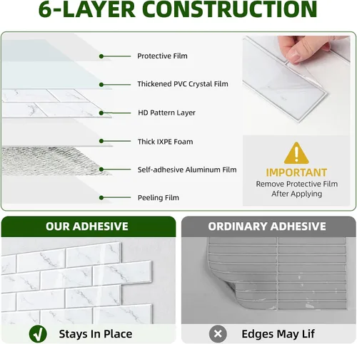 Vista 4 de WADILE Azulejos de cristal para despegar y pegar, color blanco Mármol Blanco