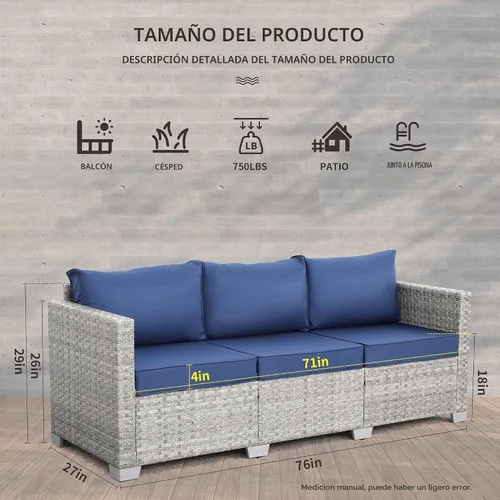 Vista 2 de WAROOM Sofá al aire libre de mimbre de 3 plazas, sofá de patio de ratán gris, muebles de balcón, asiento profundo, asiento de porche, cojín azul