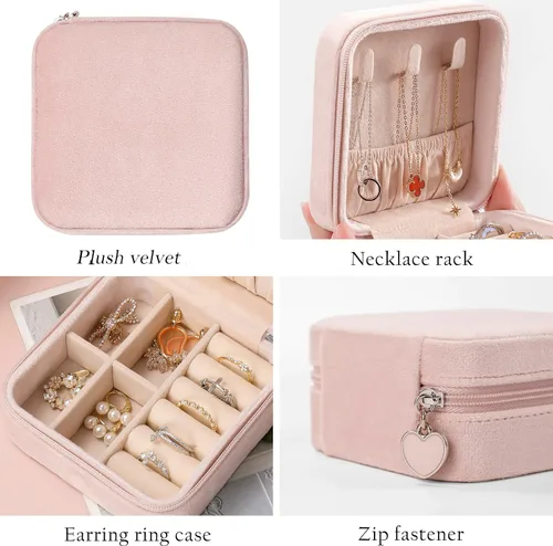 Vista 4 de GUKA Joyero de terciopelo de felpa organizado, estuche de viaje de joyería, pequeñas cajas organizadoras portátiles para anillos, aretes, collares