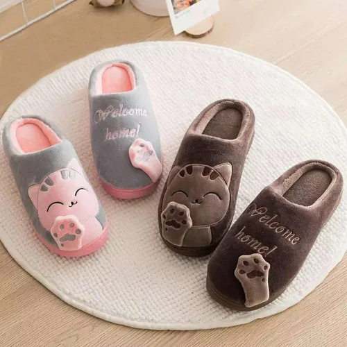Vista 6 de Rojeam - Zapatos de felpa con diseño de gato para mujer, cálidos, antideslizantes, antideslizantes, para mujer y hombre