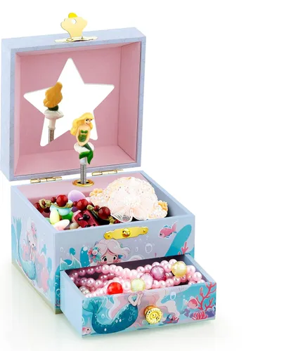 Vista 3 de RR ROUND RICH DESIGN Joyero musical para niños para niñas, incluye cajón y bonito juego de joyas con bonito tema de sirena, hermoso tono de ensueño