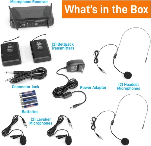 Vista 2 de Pyle Sistema de micrófono inalámbrico de 2 canales, juego de micrófono digital UHF portátil con 2 auriculares, 2 solapas, 2 transmisores, cable de ¼