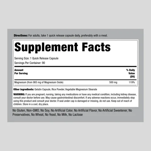 Vista 2 de Piping Rock Cápsulas de óxido de magnesio de 500 mg 90 unidades Suplemento sin OMG, sin gluten Non-GMO, Gluten Free Supplement
