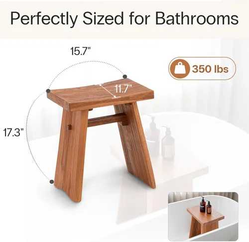 Vista 2 de StrongTek Taburete de ducha de teca, banco de baño de madera de teca maciza preaceitada de 18 pulgadas para baño, spa y hogar, asiento ergonómico