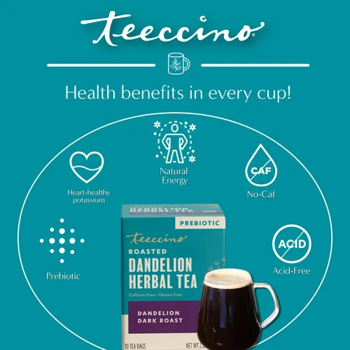Vista 4 de Teeccino Té de hierbas de diente de león, té tostado oscuro de diente de león, 10 bolsas de té, sin cafeína, té de hierbas tostadas con prebióticos