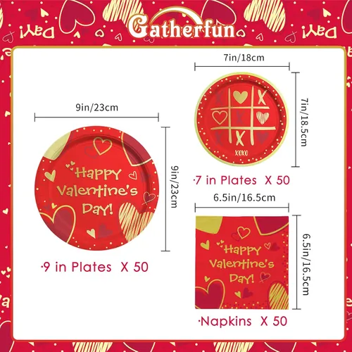 Vista 2 de Suministros para fiesta del día de San Valentín, platos de papel desechables con corazón rojo, servilletas para el día de San Valentín, compromisos