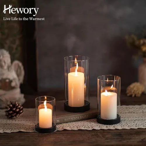 Vista 6 de Hewory Portavelas Huracán para Velas de Pilar: Juego de 6 Portavelas Votivos Negros, Huracán de Vidrio con Placa Metálica para Vela, Portavelas