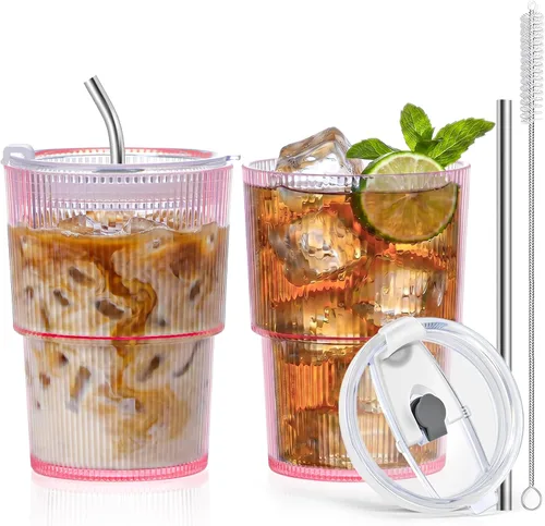 Vista 20 de 2 vasos de plástico de 15 onzas con tapas y pajita, tazas de plástico reutilizables para café helado, a prueba de fugas, vasos de viaje para café