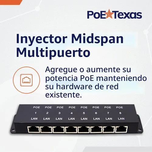 Vista 2 de PoE Texas Inyector PoE pasivo de 8 puertos, 48V 60W, 10/100
