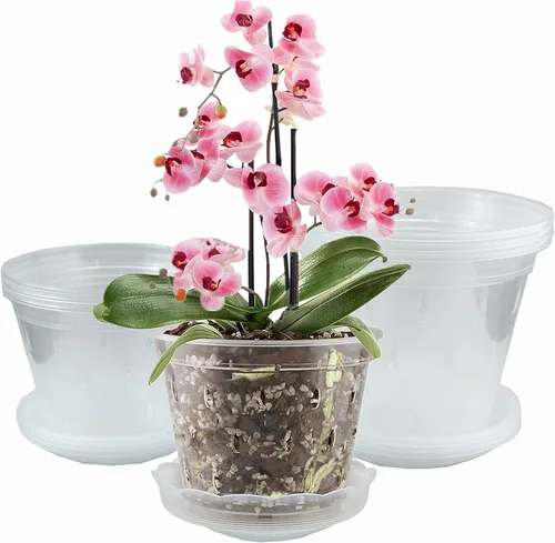 Vista 8 de DESOMINOR Maceta de orquídea transparente, macetas de plástico de 4.8 pulgadas, 5.6 pulgadas y 7 pulgadas con agujeros y platillos, macetas