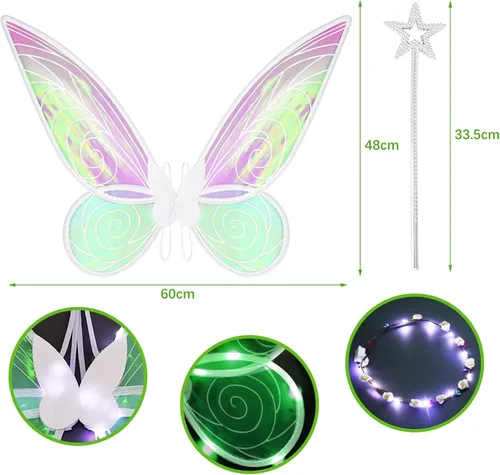 Vista 5 de SunnyLisa Alas de hadas blancas con luces blancas, con corona de flores y orejas de elfo y varita de hadas