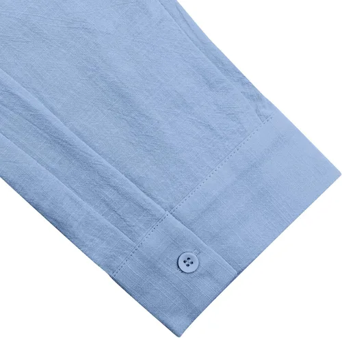 Vista 5 de Camisas de lino con botones para hombre, estilo casual, manga larga, ajuste regular, de algodón, con bolsillo