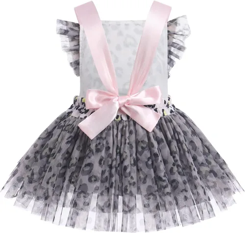 Vista 9 de IBTOM CASTLE Vestido de princesa tutú para niña pequeña con estampado de leopardo, dona, ratón, vestido de princesa con funda para pañales, conjunto