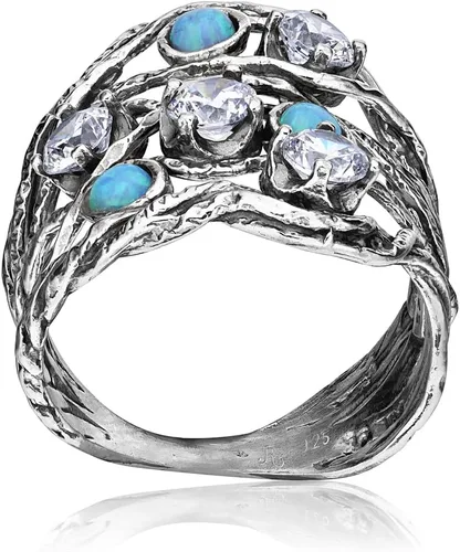 Vista 5 de Anillo de plata de ley 925 con 3 ópalo redondo azul y 4 circonitas cúbicas redondas blancas, aspecto vintage bohemio, hipoalergénico, sin níquel ni
