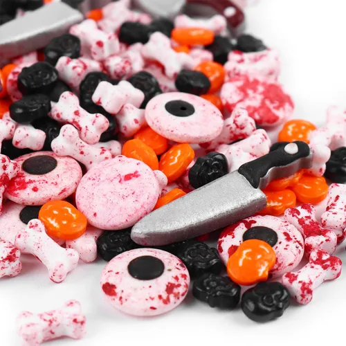 Vista 5 de Gránulos de Halloween para Decoraciones de Pasteles 4.2oz, Dulces Comestibles de Globos Oculares Sangrientos, Cuchillo, Huesos de Perro Sangrientos
