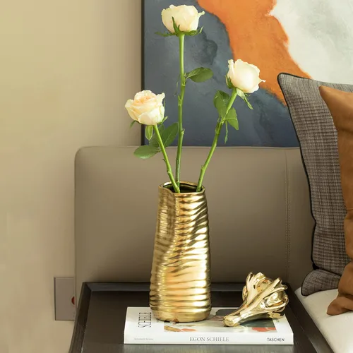 Vista 9 de Florero de centro de mesa de escultura de estilo moderno derretido doblado de cerámica de 9 "H, oro