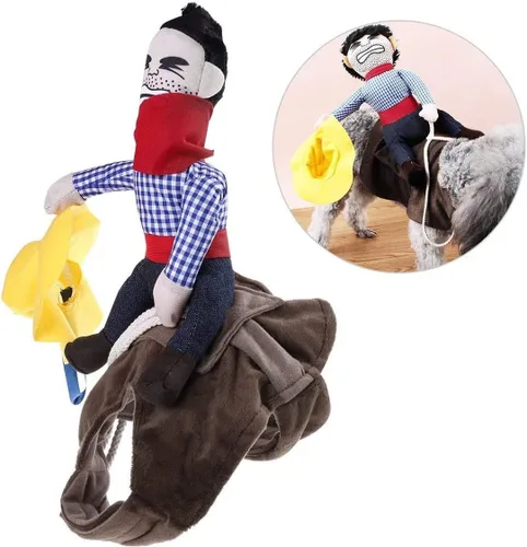 Vista 2 de iSmarten Disfraz de mascota para perro, traje para mascotas, traje de vaquero estilo jinete con muñeca y sombrero, disfraz para mascotas (S)