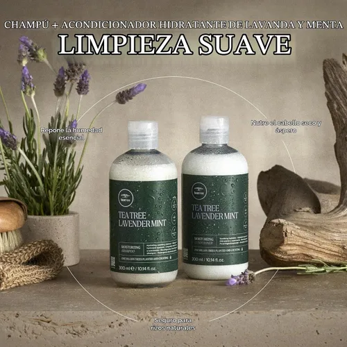 Vista 3 de Champú hidratante de lavanda y menta Tea Tree, hidrata + calma, para cabello grueso y seco
