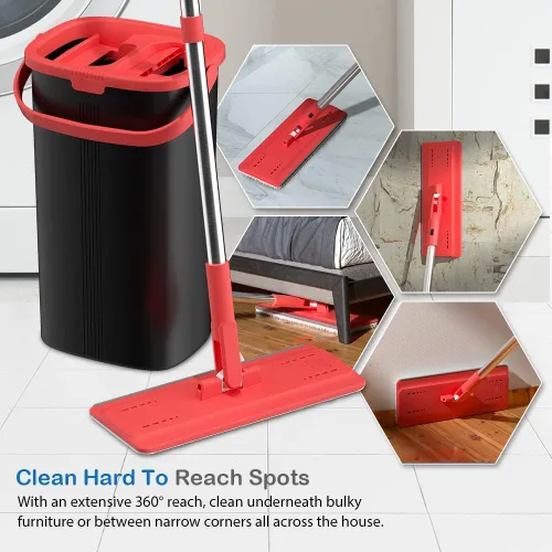 Vista 11 de TETHYS Juego de trapeador y cubo de piso plano para sistema profesional de limpieza de suelos del hogar con mango de aluminio/2 almohadillas