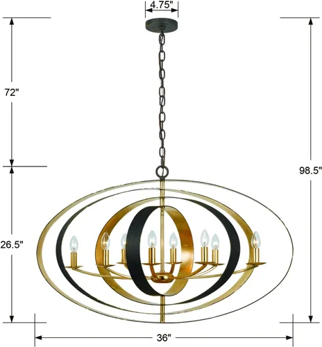 Vista 6 de Crystorama Luna 8 - Candelabro ovalado de bronce claro y dorado, lámpara de techo - Candelabros para pasillo, sala de estar, vestíbulo, granja