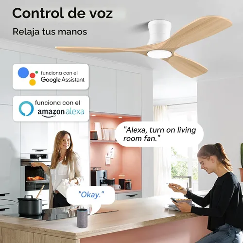 Vista 2 de Livory - Ventiladores de techo empotrados inteligentes de 52" de madera con luces y control remoto, motor CC silencioso, ventilador de techo ultra