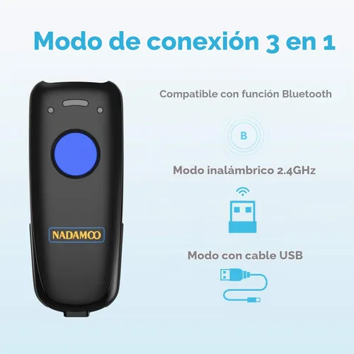 Vista 2 de NADAMOO Escáner de código de barras inalámbrico 1D compatible con Bluetooth, con base de carga, escáner de código de barras USB portátil para 1D-azul