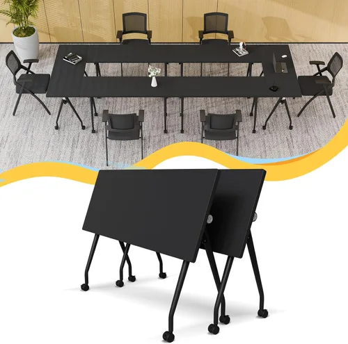 Vista 63 de Mesa de conferencias plegable con ruedas, mesa modular para sala de conferencias con 2 ojales para cables, mesas móviles de sala de reuniones