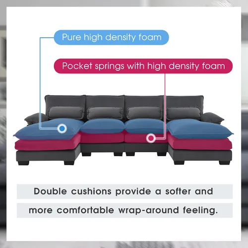 Vista 3 de Moderno sofá modular en forma de U con almohadas para la cintura, sofá cama con diván, sofá tapizado simétrico de felpilla de 6 asientos para sala