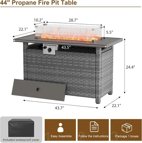 Vista 6 de Mesa para fogata de 44 pulgadas con protector contra el viento para exteriores, fogatas de gas propano de encendido automático, mesa rectangular