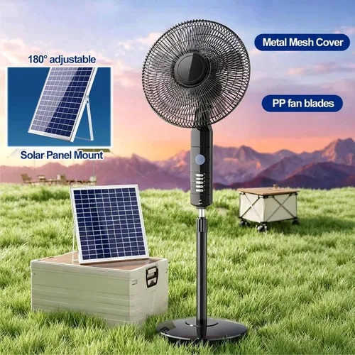 Vista 5 de Solar Oscillating Standing Fan,16 Inch Portable Solar Floor Fan, 3 Speeds Camping Fans, Two Charging Methods, All-Weather Fan with USB & Led Light