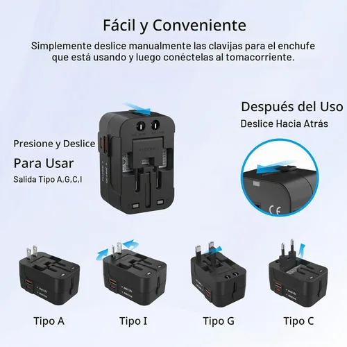 Vista 4 de HAPOW Adaptador de viaje universal - 1 cargador de viaje USB-C y 1 USB-A de carga rápida, adaptador de enchufe mundial para UE, Reino Unido, EE.