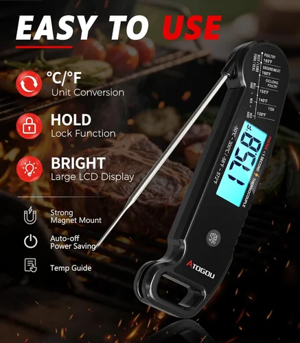 Vista 7 de Atogou Termómetro profesional para carne digital, lectura instantánea <1 segundo, color negro ±0.5℉Accuracy, IP67 Waterproof, Thermocouple Sensor