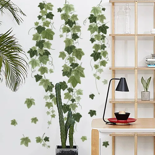 Vista 3 de Runtoo Calcomanías de pared colgantes de vid, hojas de hiedra verde, calcomanías de pared para dormitorio, sala de estar, decoración artística