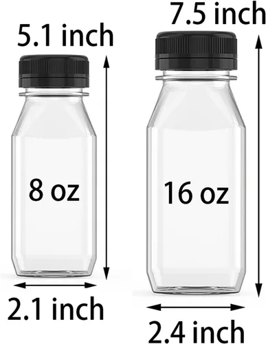Vista 2 de Hulless 3 piezas botellas de plástico de 8 onzas para jugo, recipientes de bebida, botellas para jugos con tapas negras, adecuadas para jugos