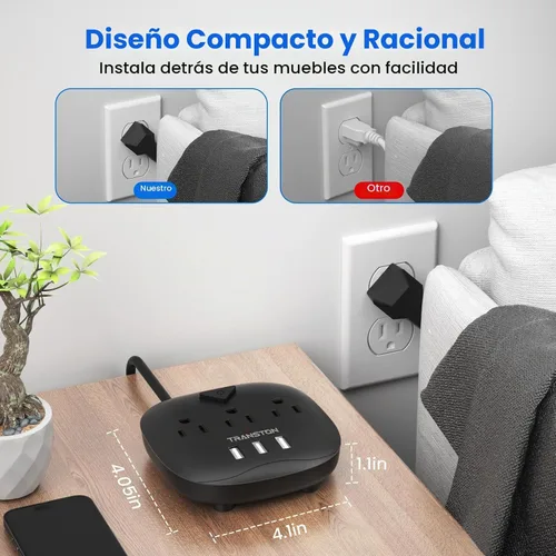 Vista 3 de Regleta de alimentación de 3 tomas y 3 puertos USB con control de interruptor, estación de carga de escritorio con cable de extensión de 5 pies