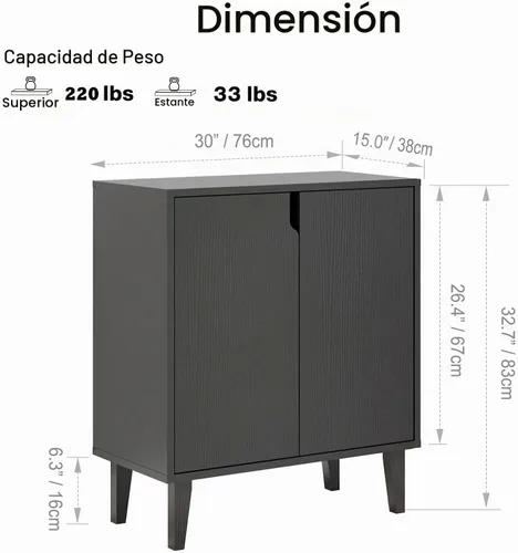 Vista 3 de Panana Gabinete de almacenamiento de 2 puertas para cocina, comedor, sala de estar, pasillo, oficina (negro)