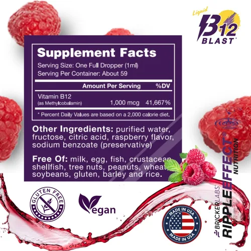 Vista 5 de Bricker Labs B12 Blast Metilcobalamina 1000mcg, vitaminas energéticas líquidas sublinguales de gran sabor - Vitaminas B12 veganas, energía sostenida