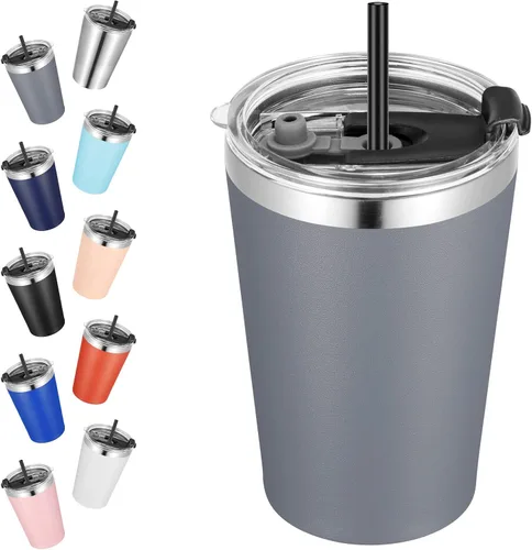 Vista 18 de VEGOND - Vaso térmico de acero inoxidable de 12 onzas con aislamiento al vacío de doble pared, vaso para viaje con tapa y pajita reutilizable Negro