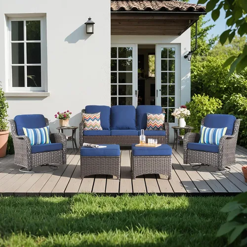 Vista 7 de Juego de muebles de exterior para patio, silla y sofá (ratán marrón, beige, 3 piezas)