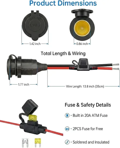 Vista 4 de 2-Pack 1FT 13AWG 12V Waterproof Cigarette Lighter Socket Extension Outlet Heavy duty car power outlet adapter plug with fuse.12V/24V female