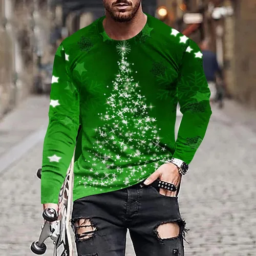Vista 2 de Camisetas para hombre, diseño gráfico de Navidad, de manga larga, ajuste muscular, para gimnasio, entrenamiento, camiseta casual con cuello redondo