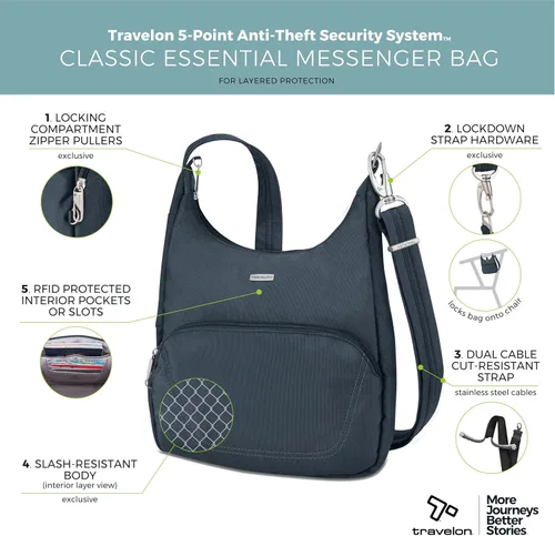 Vista 3 de Travelon Bolsa bandolera clásica antirrobo esencial, color negro