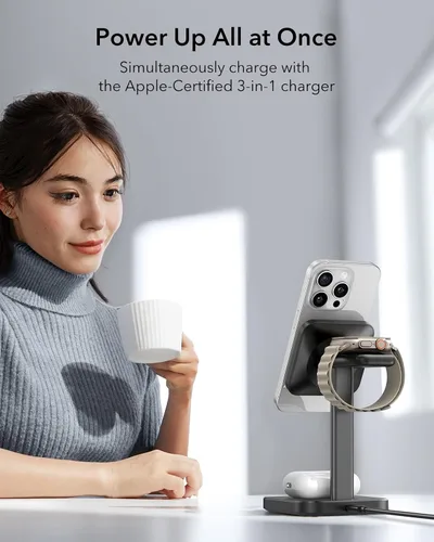Vista 3 de ESR Estación de carga inalámbrica 3 en 1 para Apple [certificado], cargador portátil para Apple Watch y soporte de cargador MagSafe, cargador
