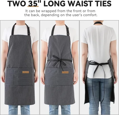 Vista 5 de NLUS Paquete de 2 delantales de cocina ajustables con babero, delantal de chef suave con 2 bolsillos para hombres y mujeres (rayas negras)