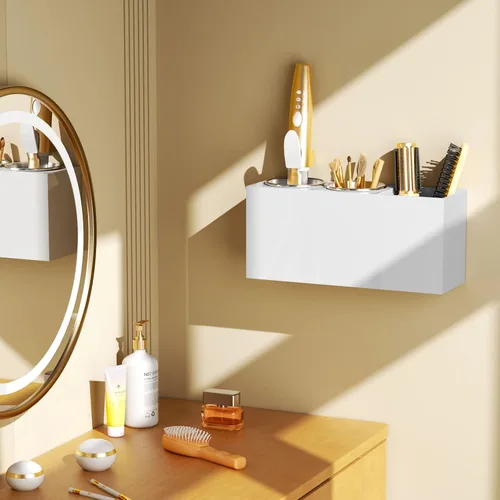 Vista 4 de NIUBEE Organizador de herramientas de peinado de montaje en pared - Soporte de gabinete de baño para secadores, planchas planas, rizadores - Blanco