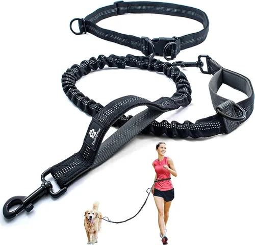Vista 3 de Correa de perro manos libres para correr, caminar, entrenar, senderismo, correa de cintura duradera de doble asa con elástico reflectante