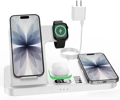 Vista 11 de Estación de carga inalámbrica de teléfono doble para dispositivos Apple, estación de carga magnética para iPhone con interruptor automático de luz