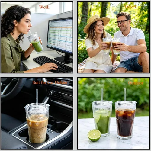 Vista 9 de Vaso de vidrio acanalado de 20 onzas, tazas de café helado con tapas y pajitas, vaso grueso reutilizable para llevar, ideal para café, batidos