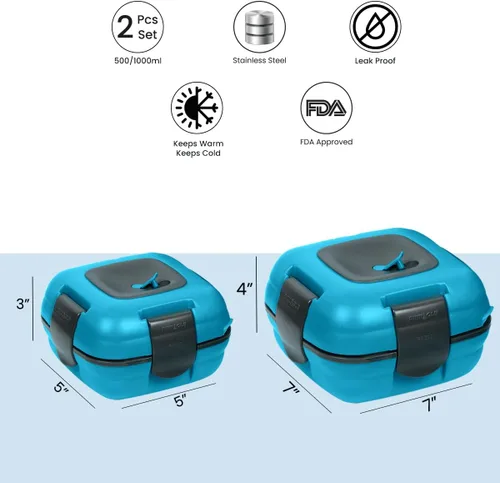 Vista 2 de Pinnacle Lonchera inulada a prueba de fugas para niños y adultos, contenedor térmico de acero inoxidable para la escuela, juego de 2 tamaños
