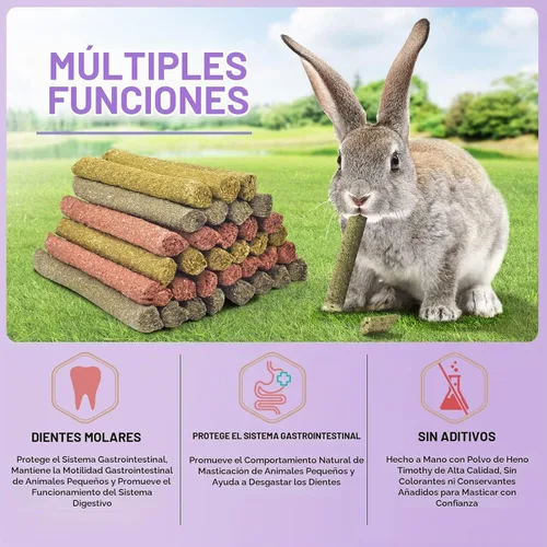 Vista 3 de Bissap 36 palitos masticables de conejo, mezcla natural de Timothy, heno, avena, zanahoria, conejito, juguetes masticables y golosinas para conejos